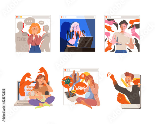 Victim of Cyberbullying Suffering from Violence and Hatred from Social Media Vector Illustration Set