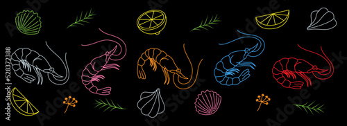 Shrimp horizontal outline banner. Seafood dish silhouette with herbs seasoning. Shrimp prawn in line style. Fresh seafood illustration