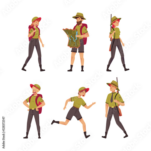 Male and Female as Park Ranger or Forest Rangers Protecting and Preserving National Parklands Vector Set