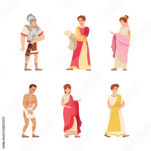 Roman Citizens Character Wearing Long Tunic and Sandals as Traditional Clothes Vector Set