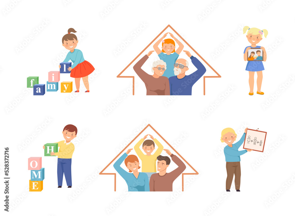 Cute Little Children Loving and Protecting Their Family Members Vector Set Cute Little Children Loving and Protecting Their Family Members Vector Set