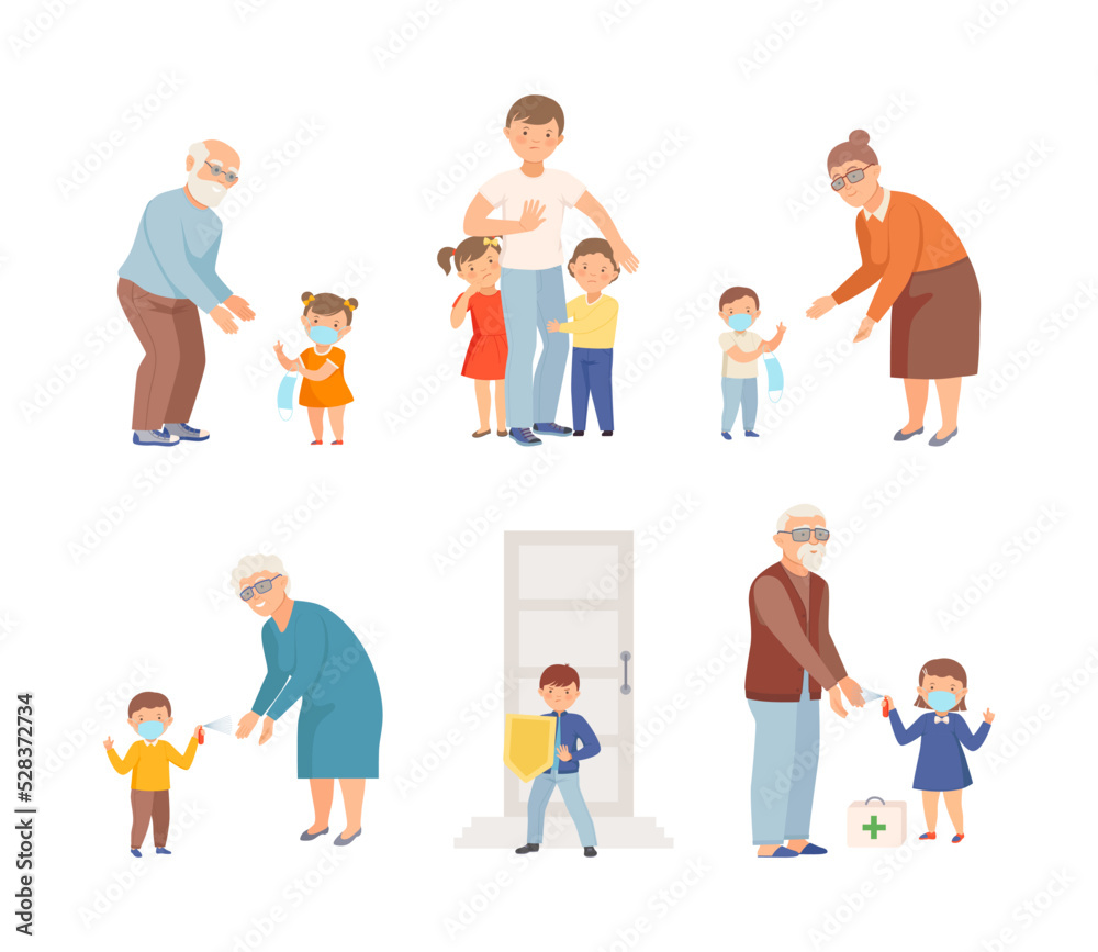 Fototapeta premium Cute Little Children Loving and Protecting Their Family Members Vector Set