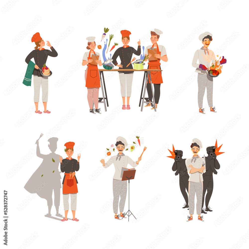 Obraz premium Young Man and Woman Chef Master Cooking Food and Preparing Dishes of Haute Cuisine Vector Illustration Set
