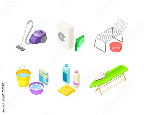 Household Cleaning Equipments with Vacuum Cleaner, Washing Machine, Clothes Dryer, Ironing Board and Bucket Isometric Vector Set