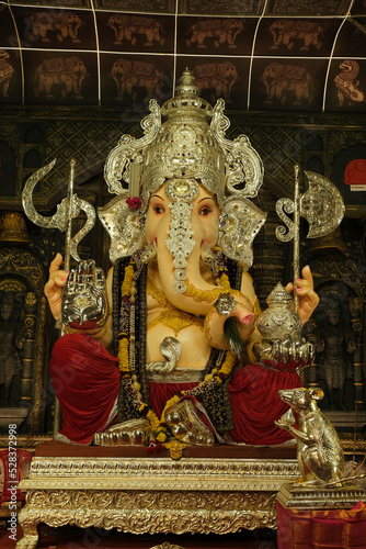02 September 2022, Pune, Maharashtra, India, Huge idol of Lord Ganesh installed by Tulshibaug Mandal during Ganesh festival 2022. photo