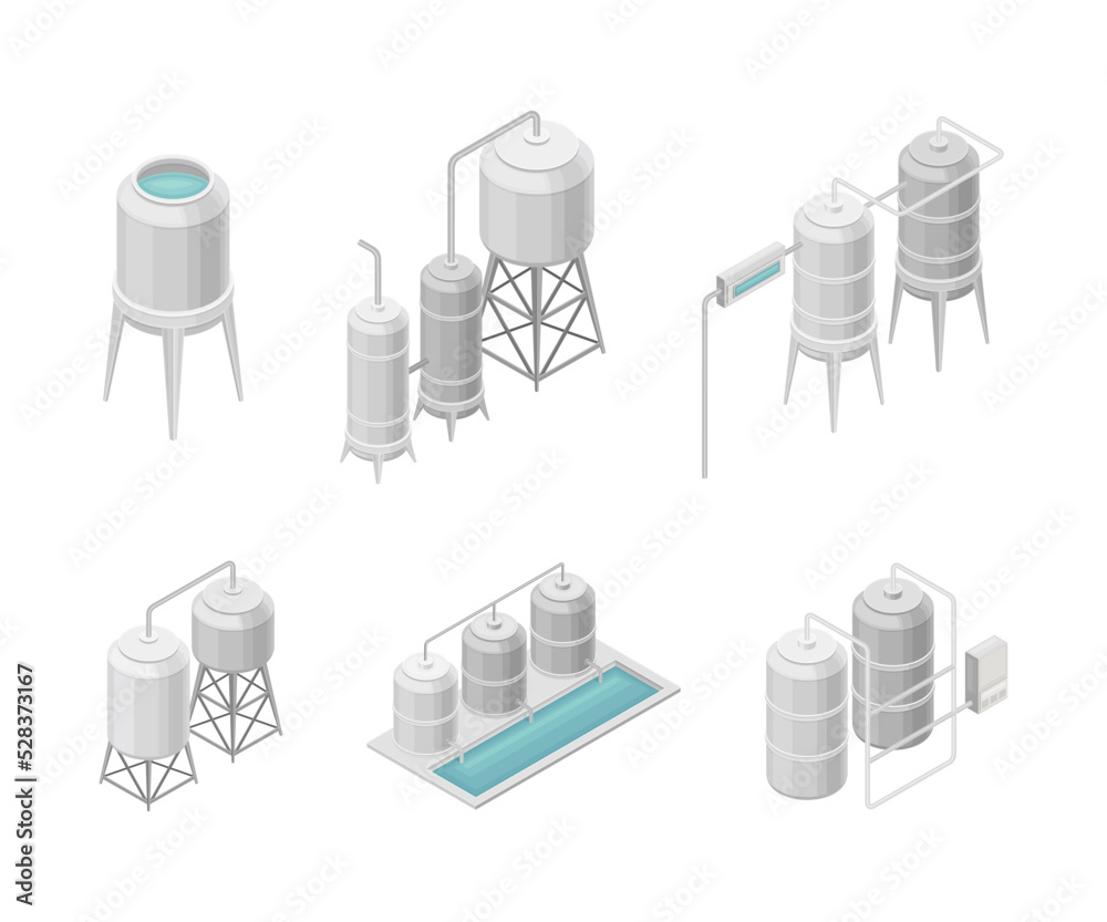 Water Purification Process with Filtration, Sedimentation and Distillation in Cylindrical Tanks and Reservoir Isometric Vector Set Water Purification Process with Filtration, Sedimentation and Distillation in Cylindrical Tanks and Reservoir Isometric Vector Set