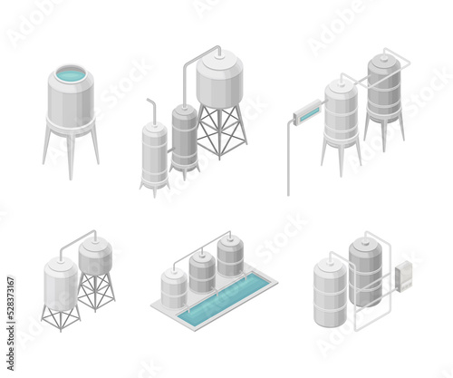 Water Purification Process with Filtration, Sedimentation and Distillation in Cylindrical Tanks and Reservoir Isometric Vector Set