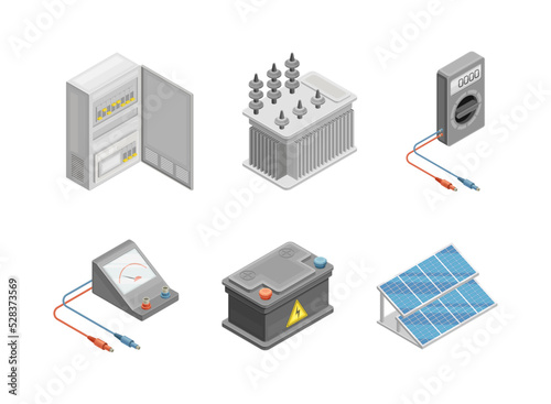 Electric Power Objects with Accumulator, Switchboard, Ammeter and Solar Panel Isometric Vector Set