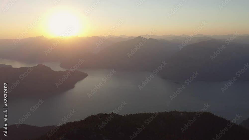 Amazing Sunset Aerial Drone Over Deeks Mountain Rocky Landscape with Trees and Howe Sound Fjord in Pacific Ranges Canada BC 4K Amazing Sunset Aerial Drone Over Deeks Mountain Rocky Landscape with Trees and Howe Sound Fjord in Pacific Ranges Canada BC 4K