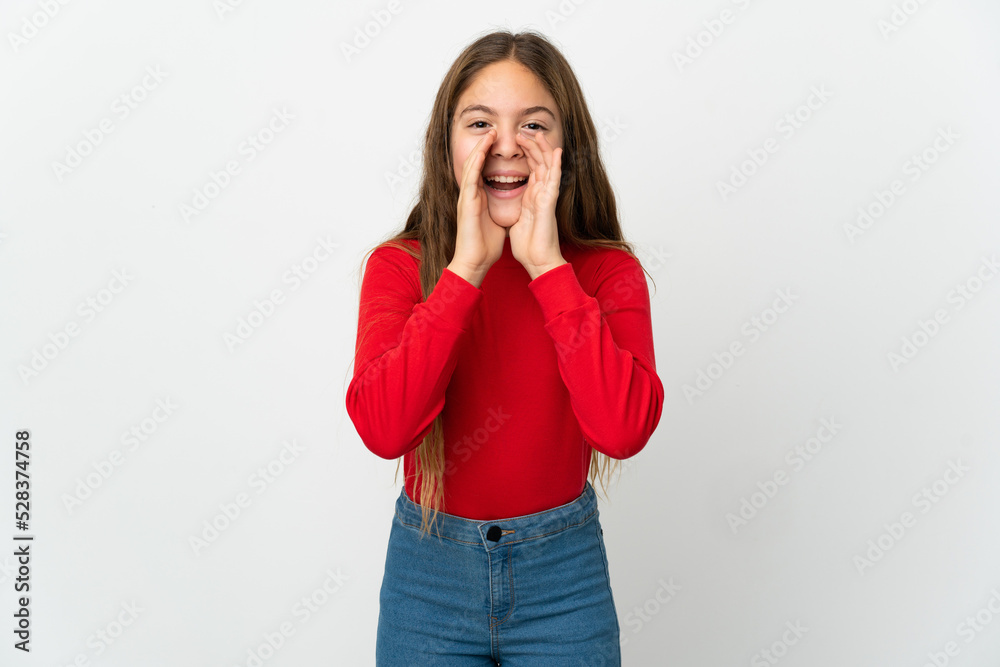 Little girl over isolated white background shouting and announcing something Little girl over isolated white background shouting and announcing something