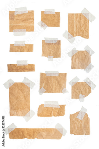 Brown paper blank sign tag label with tape. Png realistic design element.