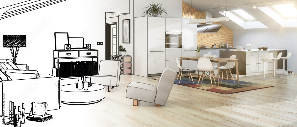 Fototapeta premium Sonnige Dachwohnung im Loft- Ausbau (Entwurf) - panoramische 3D Visualisierung
