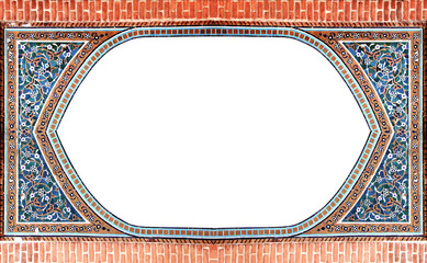 Detail of traditional persian mosaic wall with geometrical and floral ornament, Iran. Horizontal frame with ceramic tile