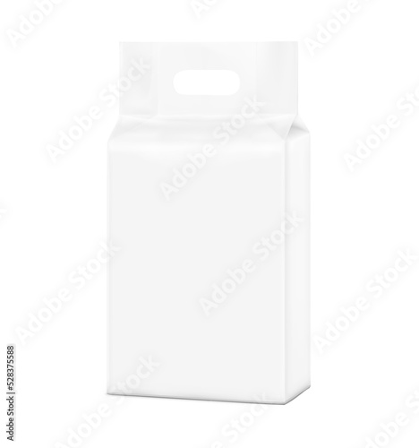 Stand bag with handle hole mockup. Vector illustration isolated on white background. Ready for your design. Suite for the presentation of diaper, wet wipes, foods, household, etc. EPS10.	