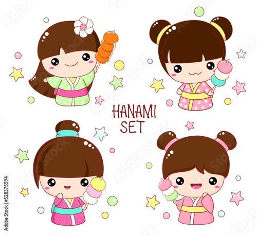 Set of cute little girls with hanami dango in kawaii style. Hanami season collection of Japanese traditional toy kokeshi doll in kimono. Vector illustration EPS8  