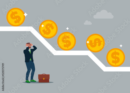 Businessman under falling graph with golden coins rolling down. Stock market selloff. Financial market. Economic crisis.