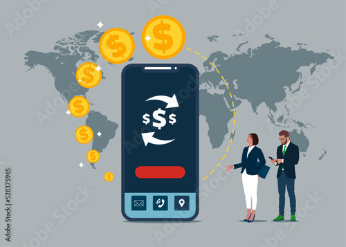 Mobile money transfer and exchange. Money transaction around world. Vector illustration icon.