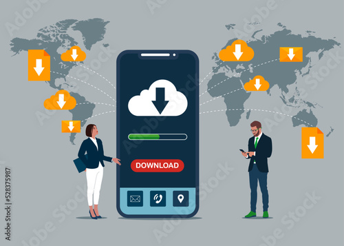 Businessman holds smartphone with button download and download cloud on screen. Downloading various files. Business concept. Vector illustration.