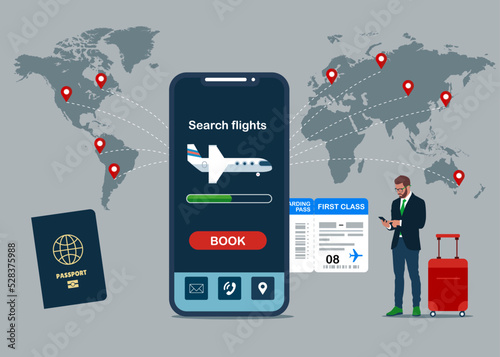 Online booking for airplane tickets. Businessman with mobile phone with booking application and airplane boarding pass, world map with destinations. Vector illustration.