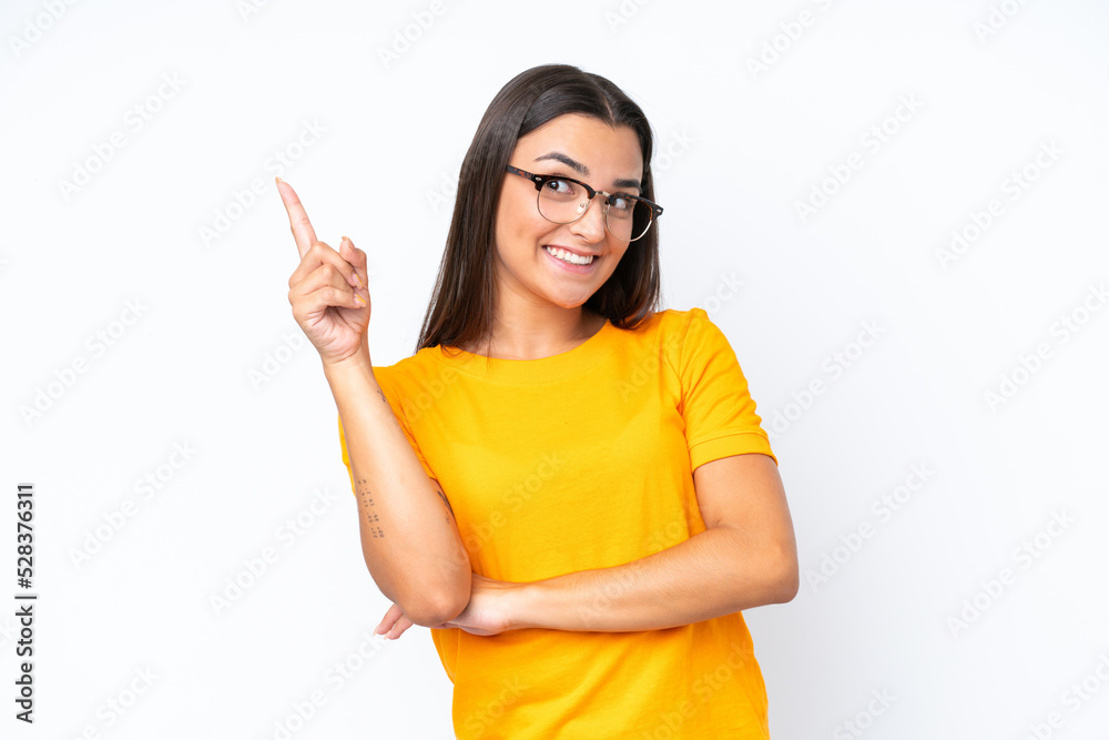 Young caucasian woman isolated on white background pointing up a great idea Young caucasian woman isolated on white background pointing up a great idea