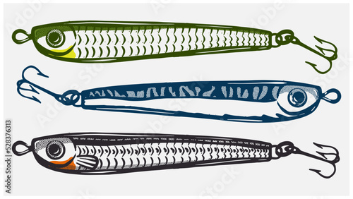 drawing of gillies baitfish for fishing illustration design. gillies lures. imitation baitfish. vector graphic design. white baitfish, mackerel baitfish. photo