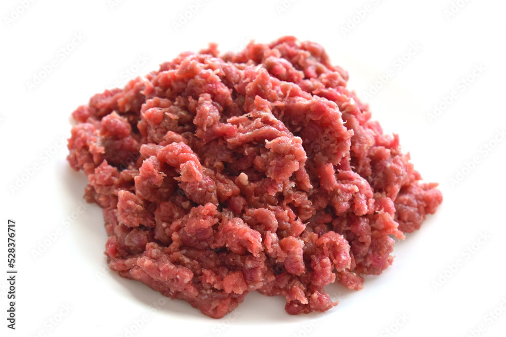 Raw minced beef or ground beef on white background. Raw minced beef or ground beef on white background.