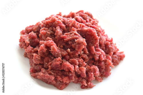 Raw minced beef or ground beef on white background.