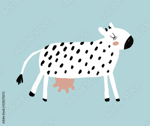 Cute White Cow on a Light Blue Background. Infantile Style Vector Illustration with Lovely White Heifer with Black Spots. Farm Party Print ideal for Wall Art, Card, Poster. Dreamy Cow.