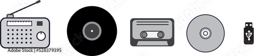 Vector design of evolution of listening music, icons of radio, vinyl,  cassette tape, disc