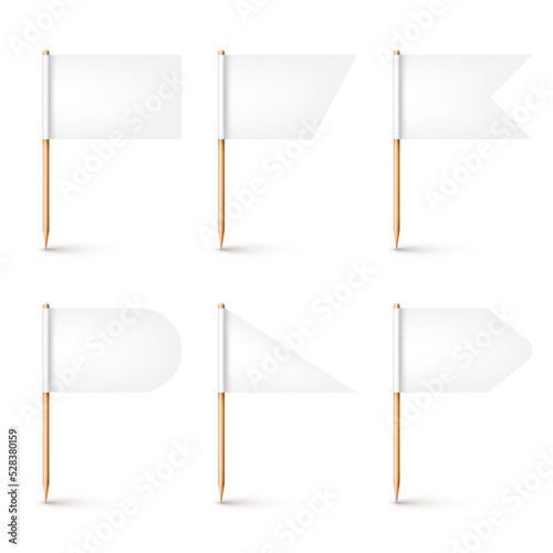 Realistic various toothpick flags. Wooden toothpicks with white paper flag. Location mark, map pointer. Blank mockup for advertising and promotions. Vector illustration