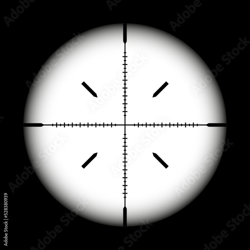 Weapon sight, sniper rifle optical scope on black background. Hunting gun viewfinder with crosshair. Aim, shooting mark symbol. Military target sign, silhouette. Game UI element. Vector illustration