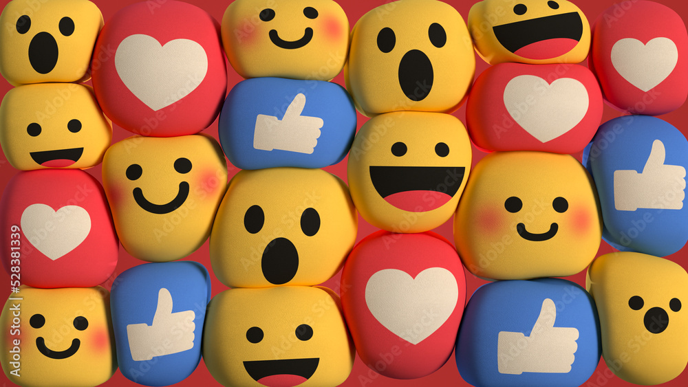 Social media unique design emojis as soft spheres 3D render - obrazy, fototapety, plakaty 