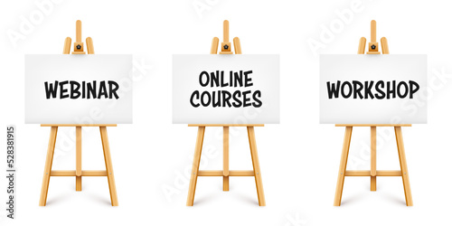 Realistic paint desk with text on white canvas. Wooden easel and a sheet of drawing paper. Presentation board on a tripod. Distance education, online courses and e-learning. Vector illustration