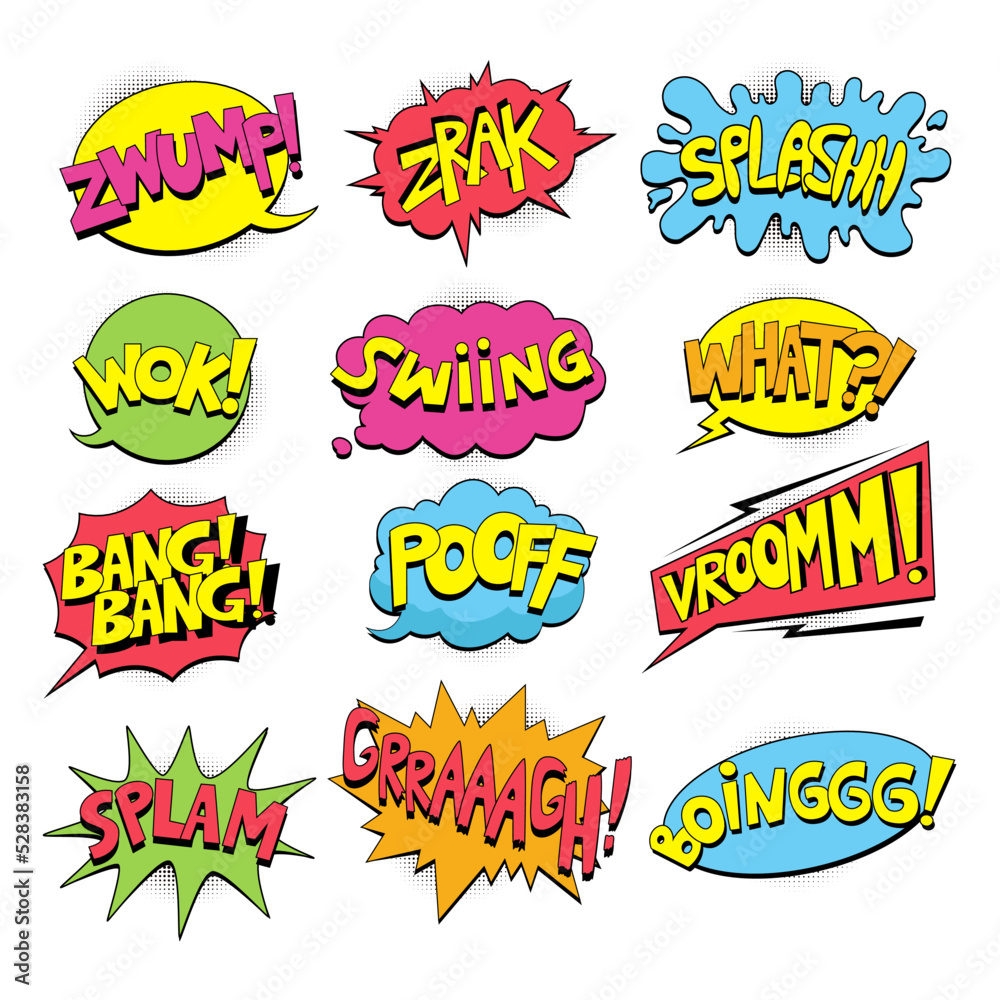 Set of colorful comic speech bubbles different shapes with halftone shadows and stars, hand drawn pop art style text frames. Comic bubble speech, word comic cartoon, expression 