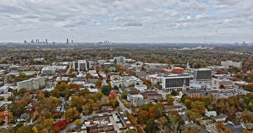 Atlanta Aerial v744 low flyover decatur neighborhood with tree-lined streets covered in autumn colors and downtown cityscape along the skyline on a cloudy day - Shot with Mavic 3 Cine - November 2021 photo