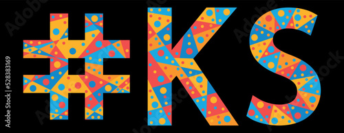 KS Hashtag. Mosaic isolated text. Letters from pieces of triangles, polygons and bubbles. #KS is abbreviation for the US American state Kansas for print, clothing, t-shirt, poster, banner, flyer