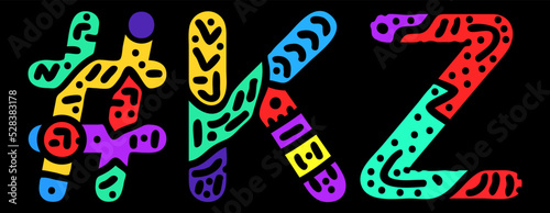 KZ Hashtag. Multicolored bright isolate curves doodle letters. Hashtag #KZ is abbreviation for the Kazakhstan for social network, web resources, mobile apps.