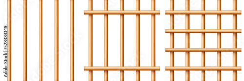 Realistic wooden lattice, rural picket fence. Farm or village house boundary, garden enclosing planks. Detailed wooden jail cage. Criminal background mockup. Creative vector illustration