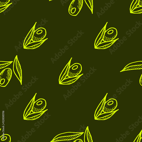 Seamless vector pattern with olives, berries, leaves. Botanical, plant texture for wallpaper, olive oil label, pickled olives, packaging