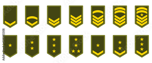 Military Badge Insignia Green Symbol. Army Rank Icon. Chevron Yellow Star and Stripes Logo. Soldier Sergeant, Major, Officer, General, Lieutenant, Colonel Emblem. Isolated Vector Illustration photo