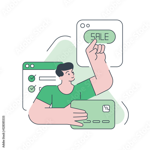 Male customer online shopping sale discount credit card payment vector flat illustration