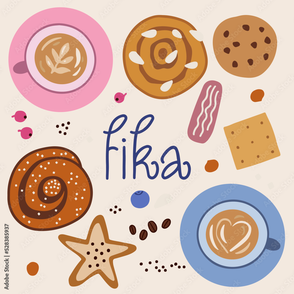 Set items for coffee break. Cups of coffee, sweets and word Fika. Set items for coffee break. Cups of coffee, sweets and word Fika.