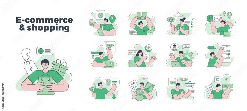 Fototapeta premium E commerce internet business marketing and shopping set vector flat illustration online purchasing
