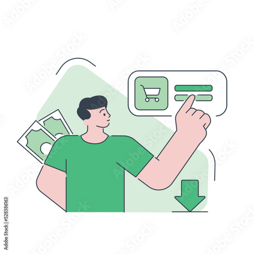 Man customer putting goods in cart web digital store online shopping paying cash vector flat