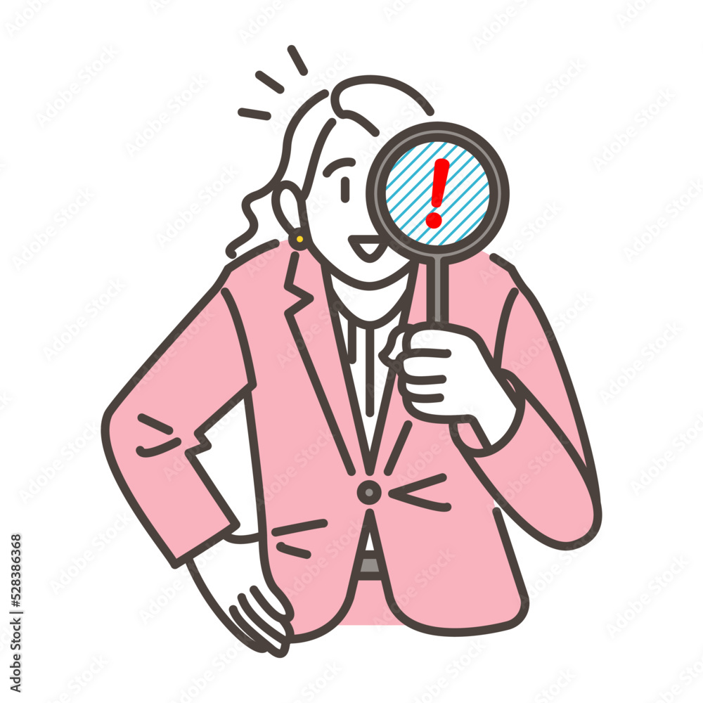 Vector illustration of a woman holding up a magnifying glass lens to look for and examine something. Vector illustration of a woman holding up a magnifying glass lens to look for and examine something.