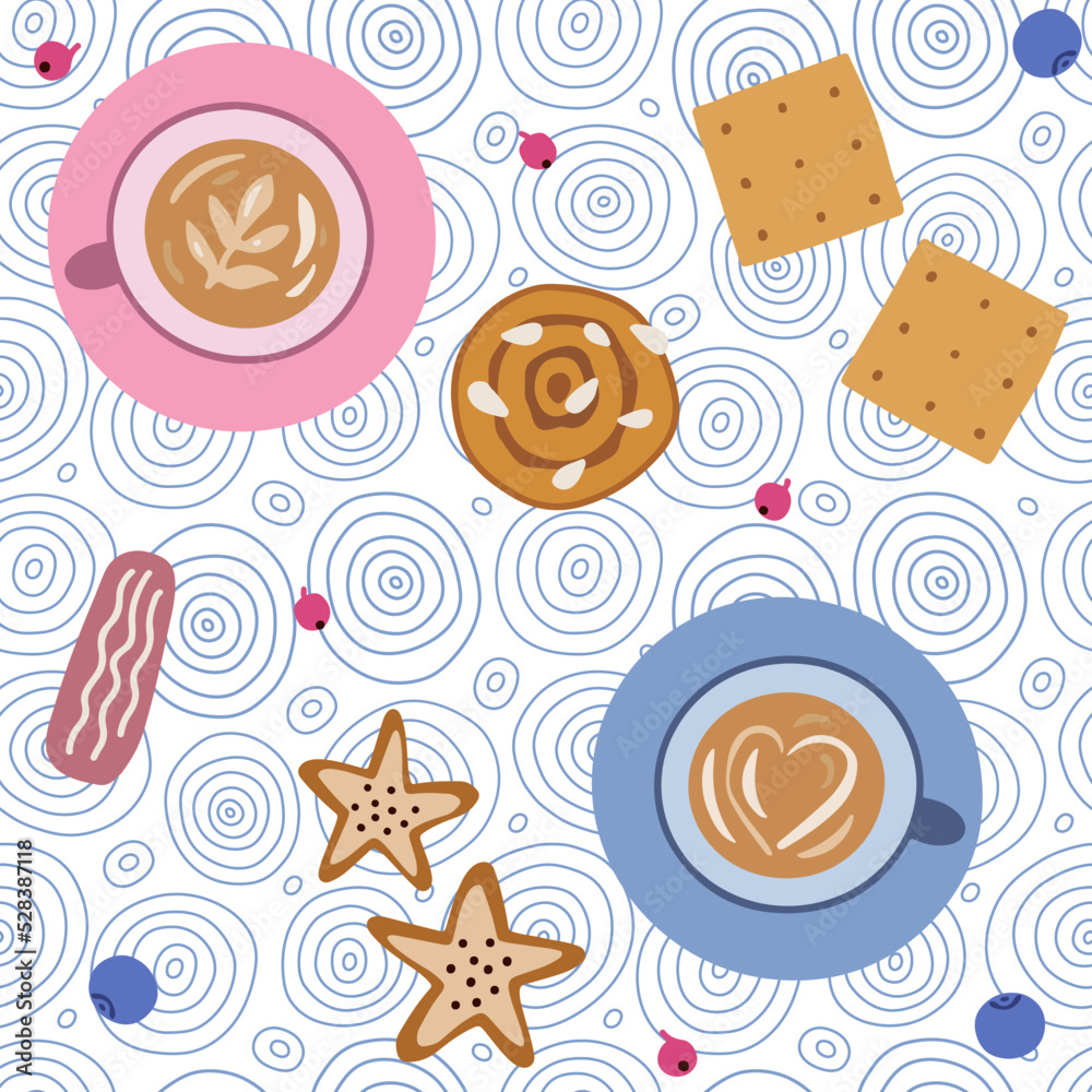 Cups of coffee, buns and cookies on geometric background. Coffee break seamless pattern. Cups of coffee, buns and cookies on geometric background. Coffee break seamless pattern.