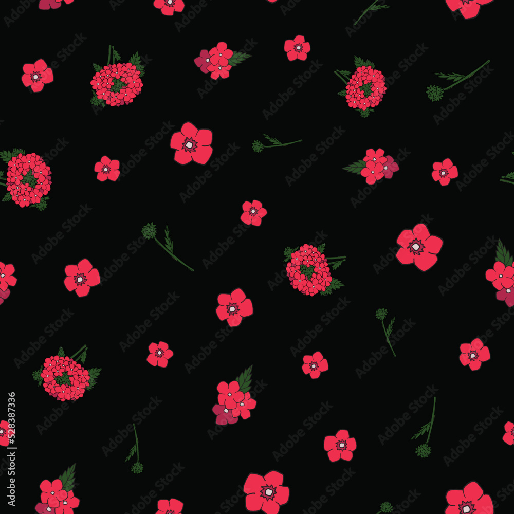 Red verbena flowers on black background, seamless pattern