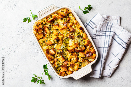 Traditional Thanksgiving stuffing. Bread casserole with celery.