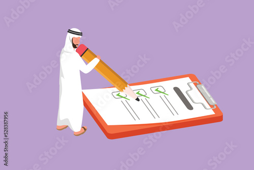 Character flat drawing active Arabian businessman filled out questionnaire on the floor. Man standing near big checklist. Male with pencil writes test on clipboard. Cartoon design vector illustration