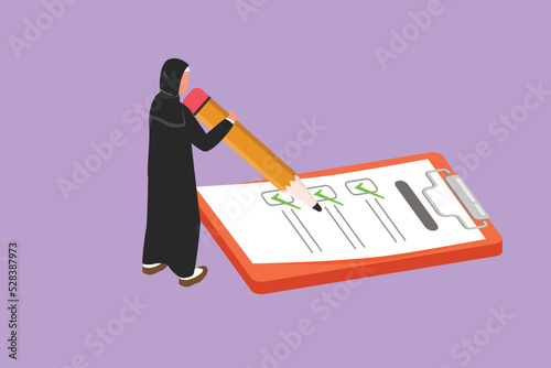 Graphic flat design drawing Arab businesswoman filled out questionnaire on the floor. Woman standing near big checklist. Female with pencil writes test on clipboard. Cartoon style vector illustration